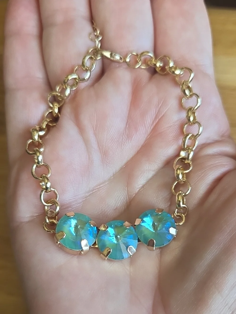 Blue / Green Sparkly Crystals Gold Rolo Chain Bracelet - Hand Crafted
